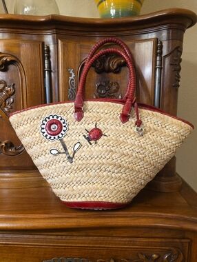 Brighton Woven Straw Ladybug and Flower with Red Leather Trim Large Tote